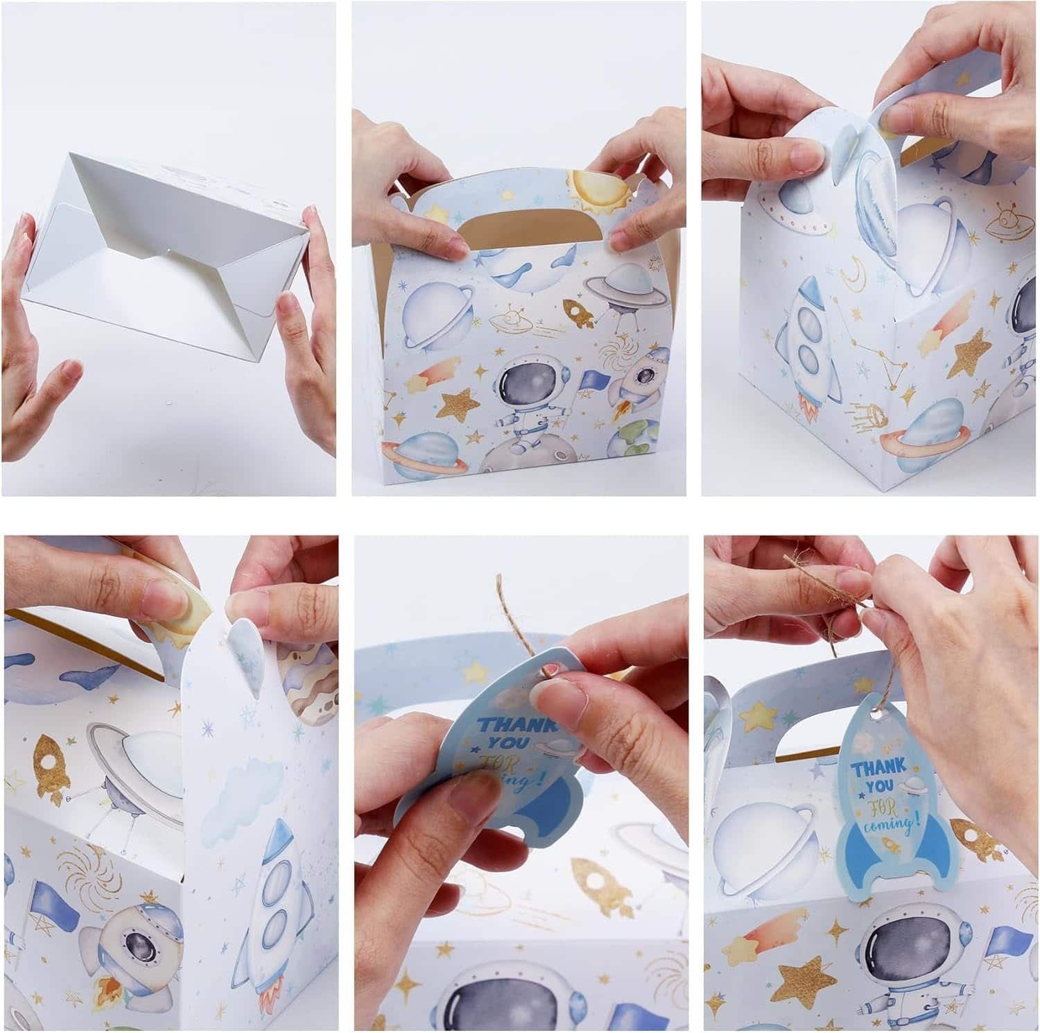 Person assembling a space-themed gift box, attaching a blue "Thank You" tag with an astronaut and rocket design, shown step-by-step in six panels.