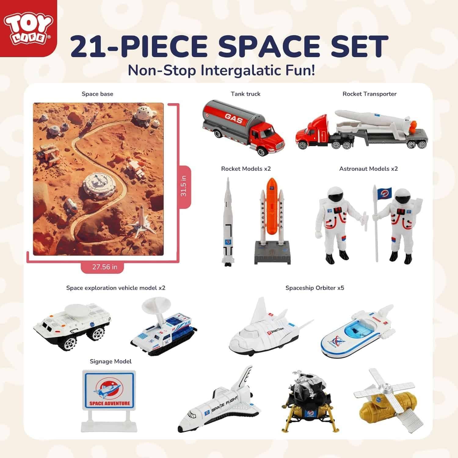 A 21-piece toy space set featuring astronauts, vehicles, rockets, a space base, and a variety of space-themed accessories on a beige background.