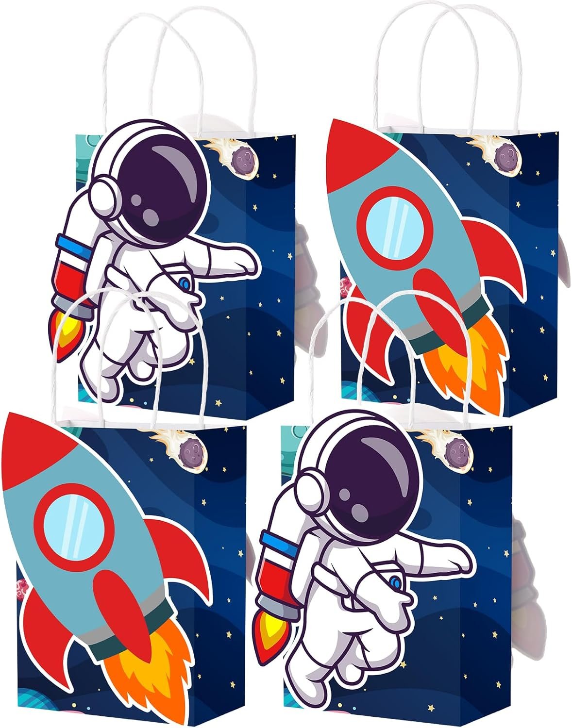 Four gift bags featuring astronaut and rocket ship illustrations against a starry outer space background, each with white handles.