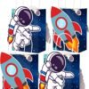 Four gift bags with white handles, featuring cartoon astronauts and rockets on a starry dark blue background.