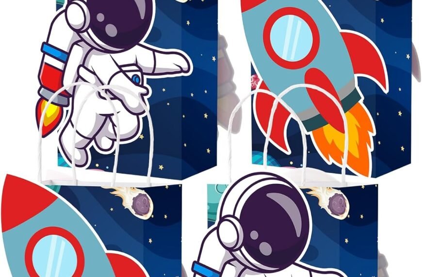 Four gift bags with white handles, featuring cartoon astronauts and rockets on a starry dark blue background.