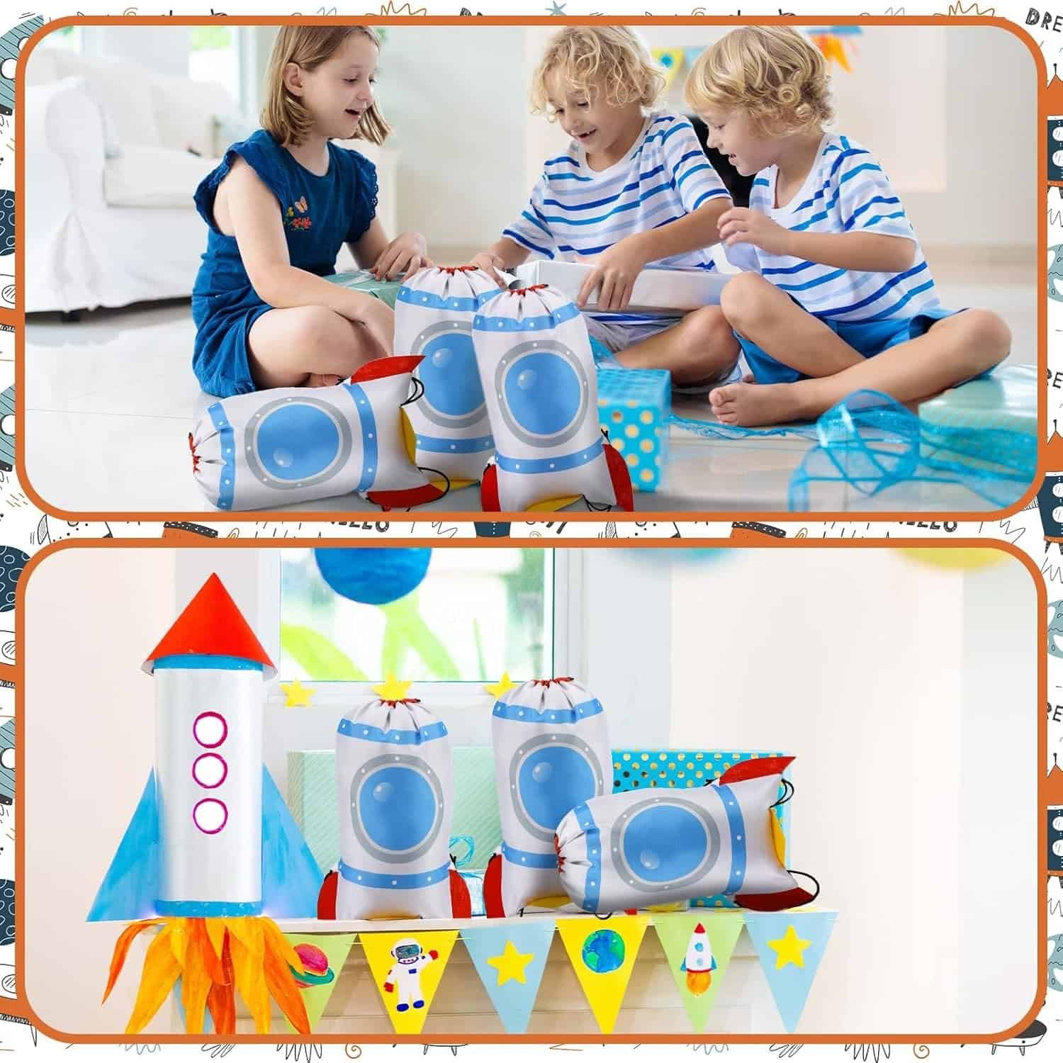 Top: Three children play with inflatable rocket toys. Bottom: Inflatable rockets are displayed as decorations beside a colorful rocket and a banner with stars.