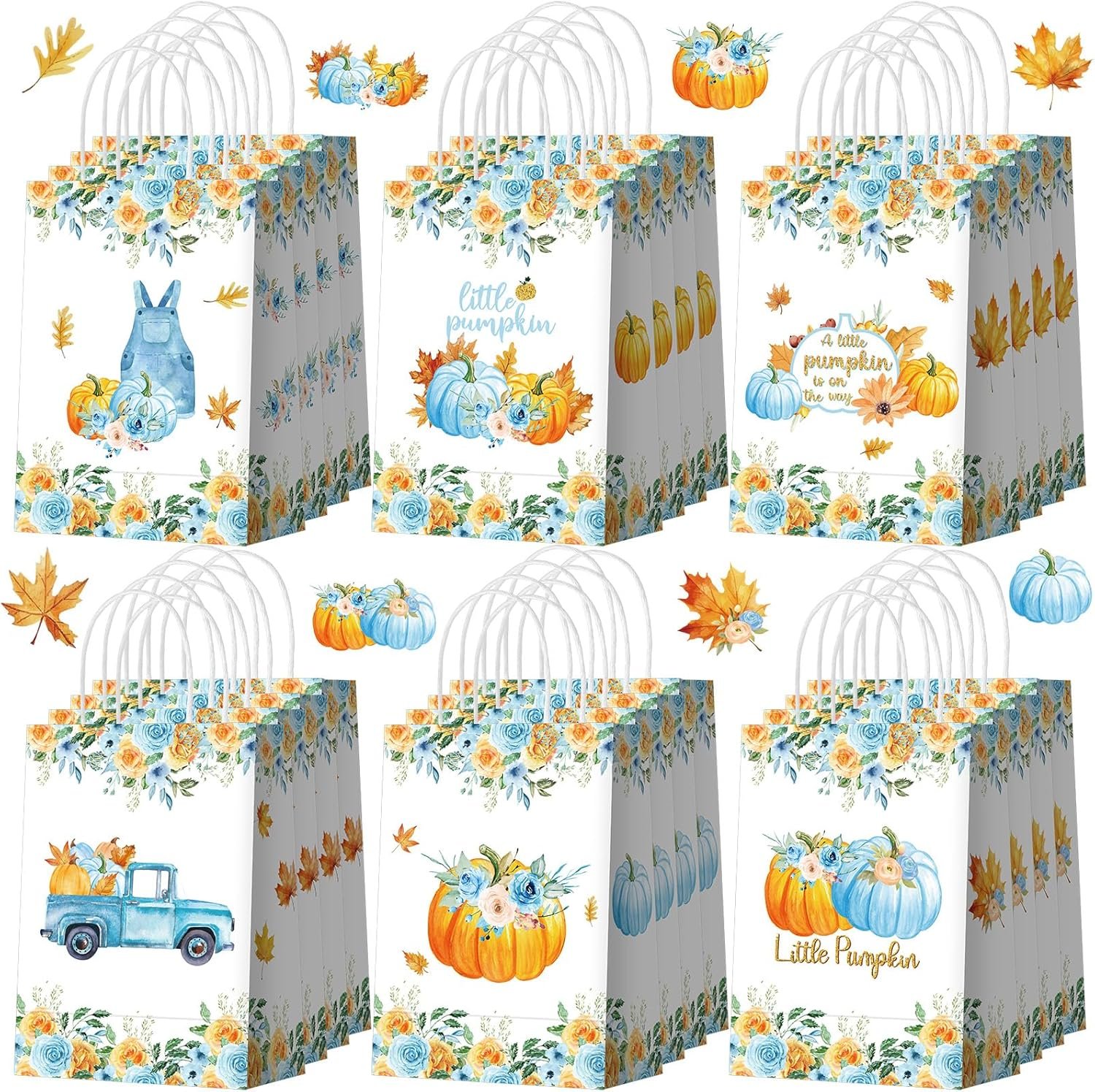 A set of decorative gift bags featuring autumn-themed designs with pumpkins, flowers, leaves, and blue truck illustrations, displayed in rows.