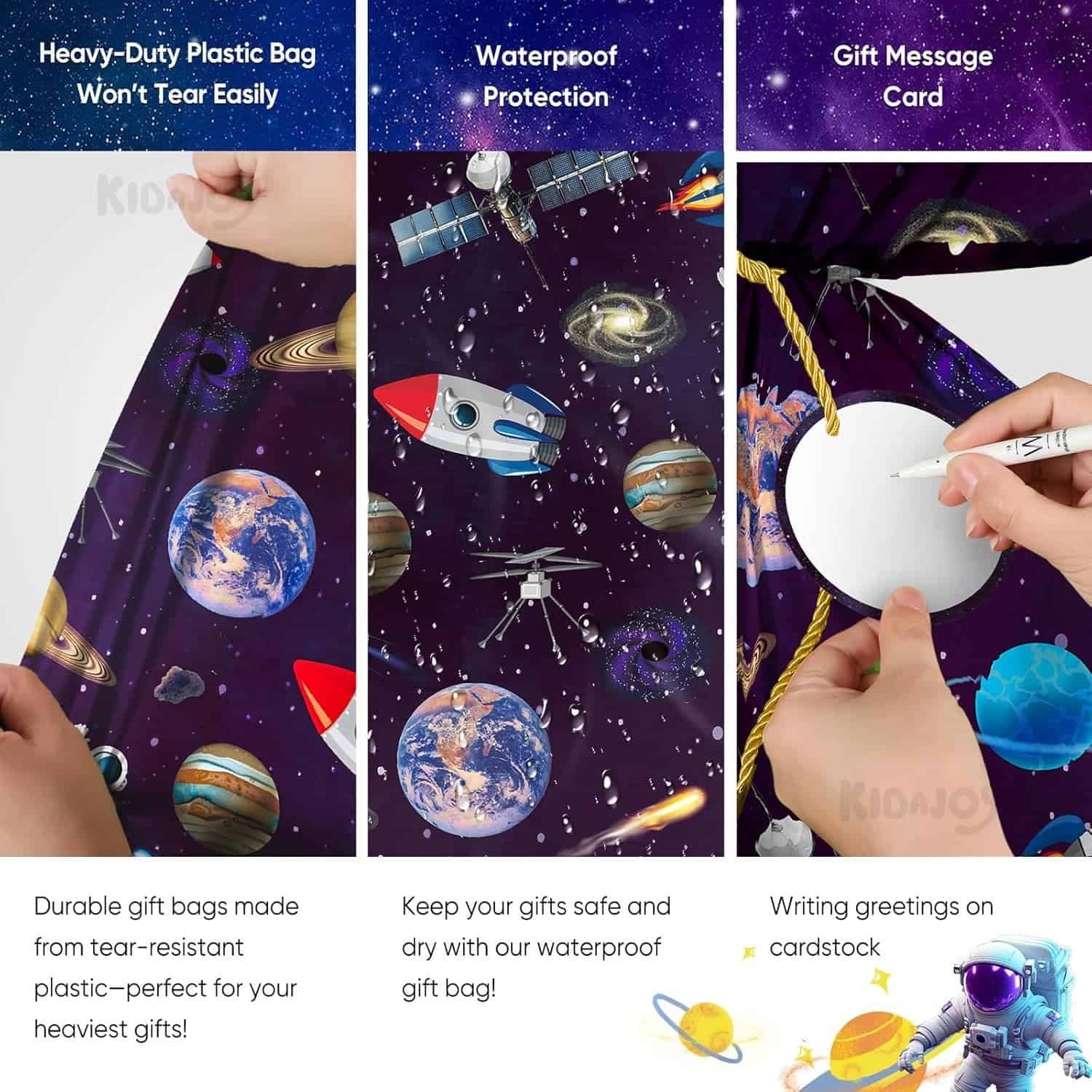 A space-themed gift bag is shown; features include heavy-duty plastic, waterproof protection, and an attached gift message card being written on.