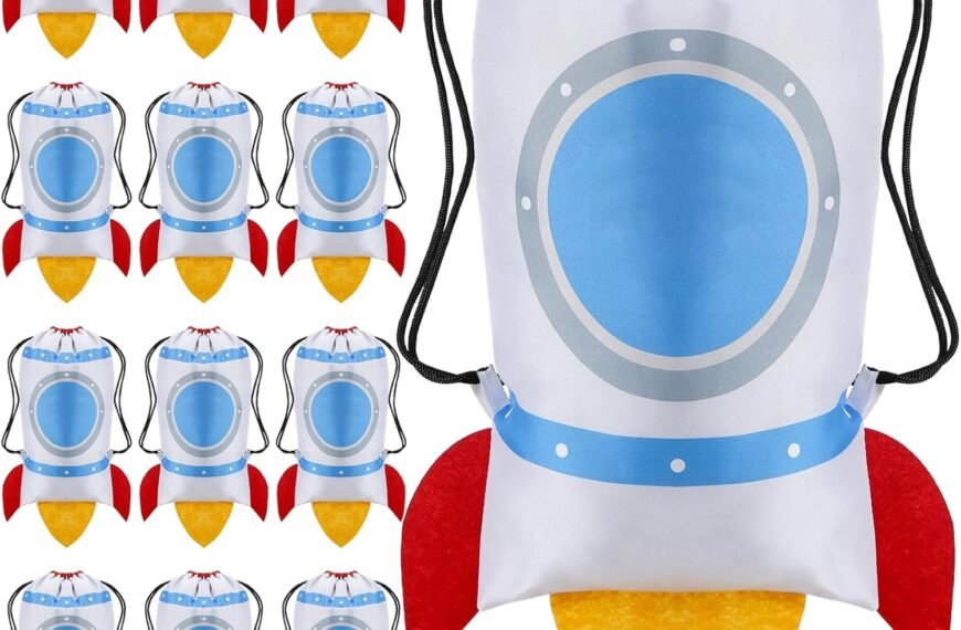 A set of drawstring bags designed to look like rockets, with blue, white, red, and yellow colors, arranged in a grid pattern with one bag shown larger in the foreground.