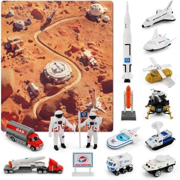 A playset featuring miniature astronauts, space vehicles, rockets, a shuttle, and a Mars landscape mat, arranged to depict a space exploration scene.