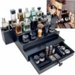 Black organizer holds various colognes, grooming products, and shaving accessories, with a small inset image of a man spraying cologne in the top right corner.