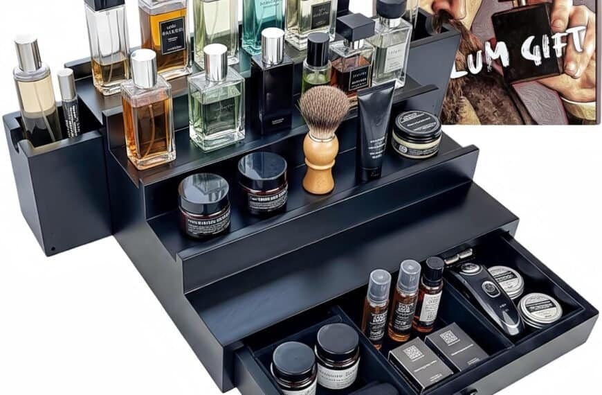 Black organizer holds various colognes, grooming products, and shaving accessories, with a small inset image of a man spraying cologne in the top right corner.