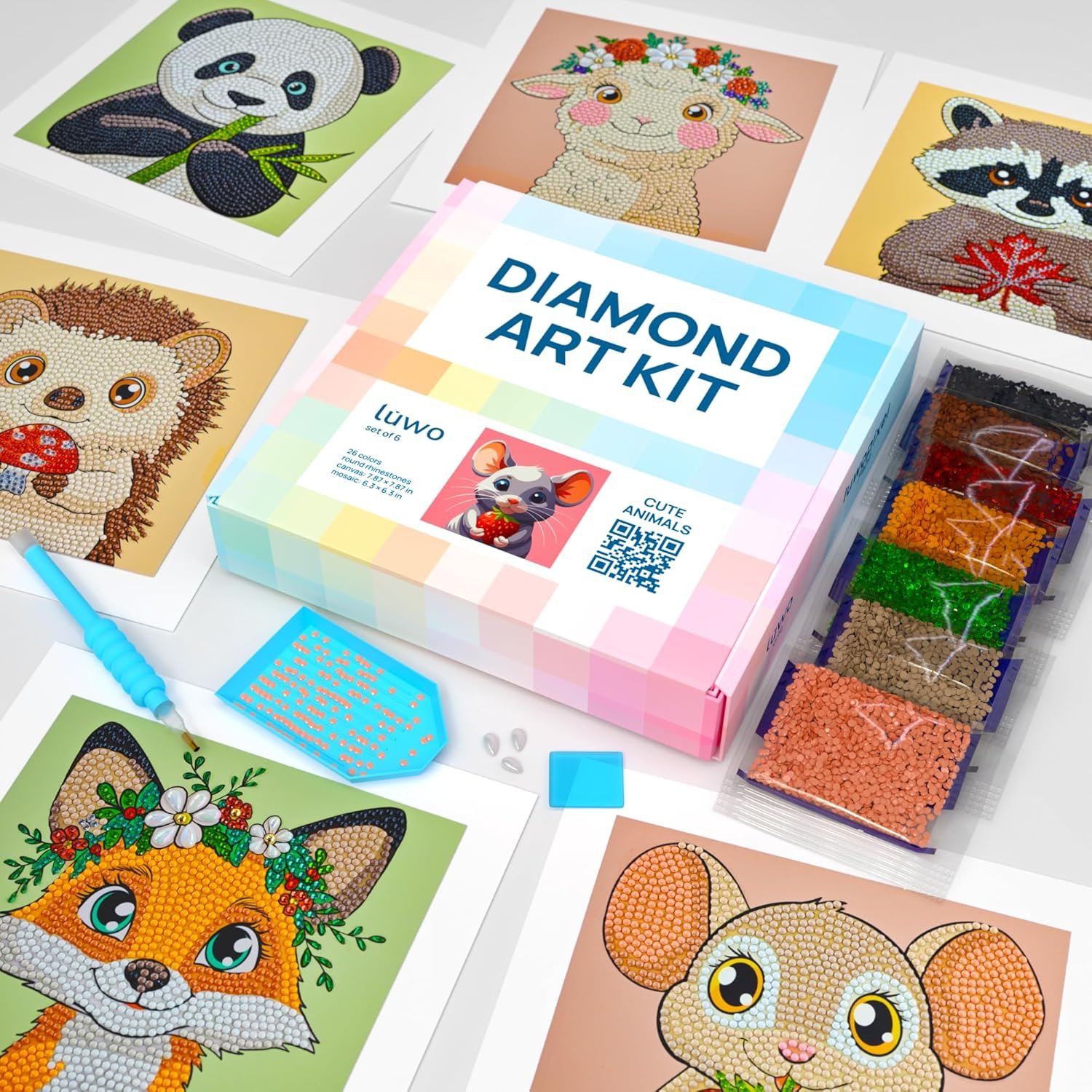 Diamond art kit with a pastel box, tool, colored beads, and six animal designs including a panda, lamb, raccoon, hedgehog, fox, and mouse.