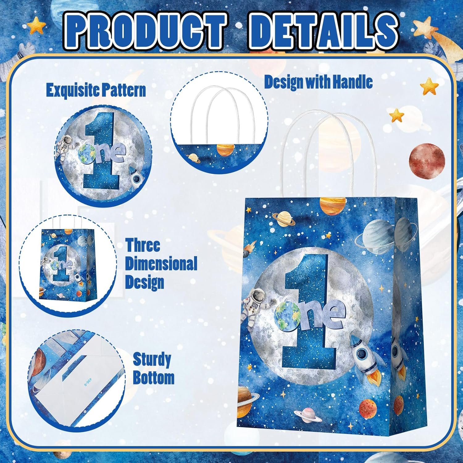 Gift bag with a space-themed design featuring the number "1," planets, and rockets; shown with sturdy bottom, three-dimensional pattern, and handle.