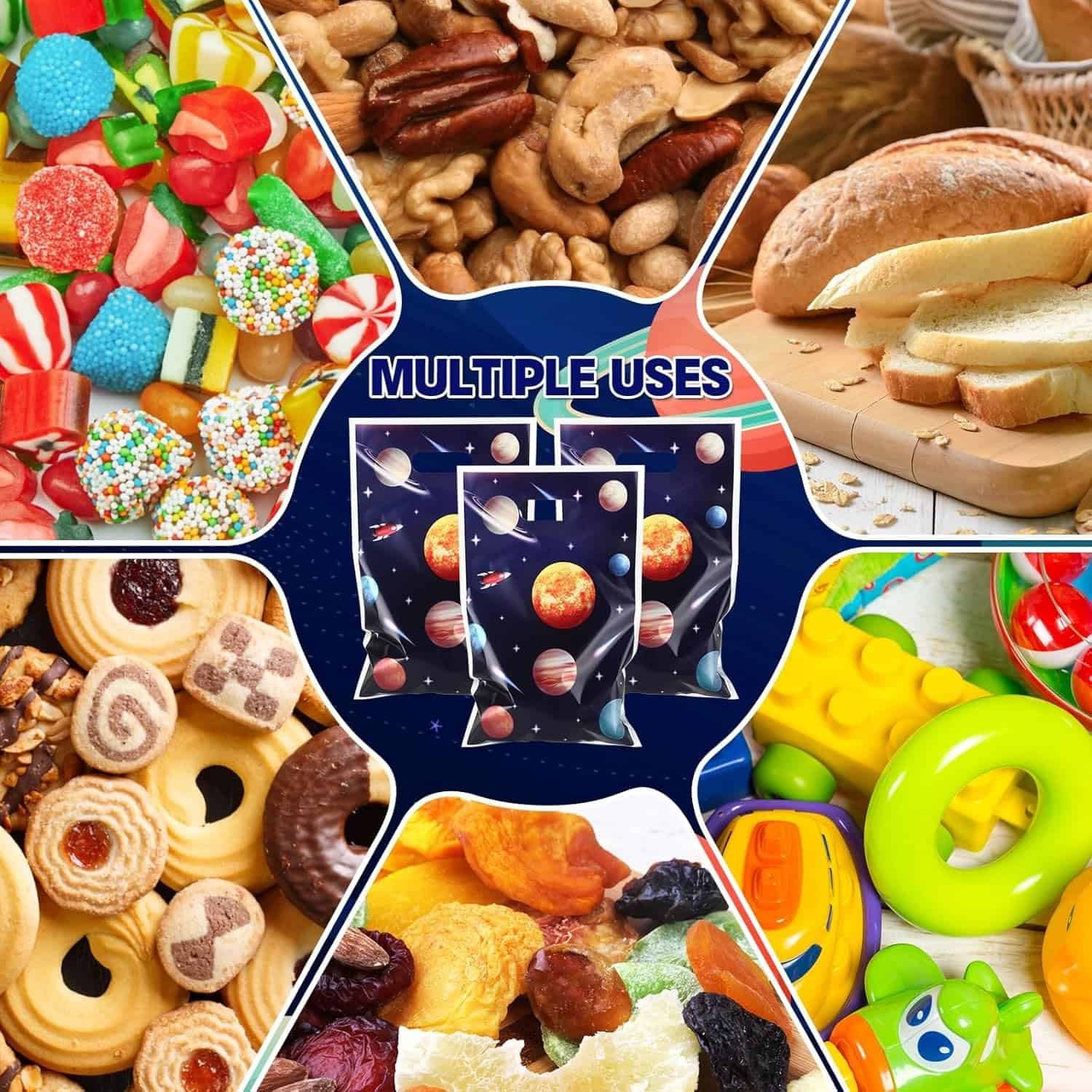 Assorted candies, nuts, bread, cookies, dried fruits, and toys are shown around resealable storage bags labeled "multiple uses.