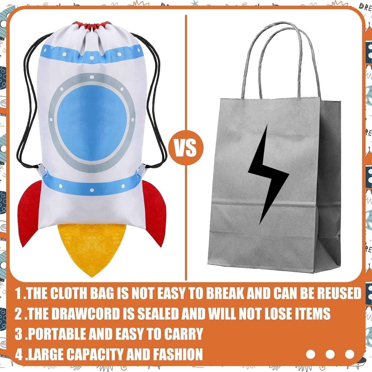 A drawstring bag with a rocket design is compared to a gray paper bag with a lightning bolt. Text highlights advantages of the cloth bag over the paper bag.
