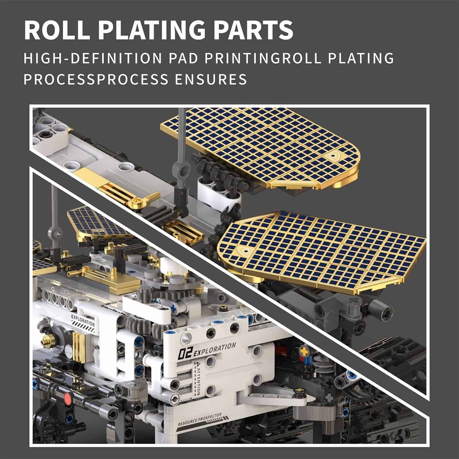 Close-up of a mechanical model with gold grid-patterned components, showcasing details of roll plating parts and printing process.