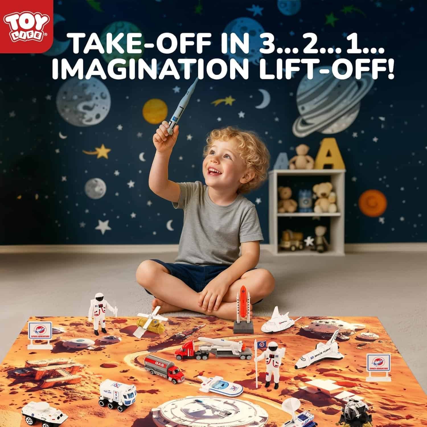 A young child sits on the floor playing with space-themed toys, pointing a toy rocket upward, with a space mural on the wall behind. Text at the top reads: "Take-off in 3... 2... 1... Imagination lift-off!.