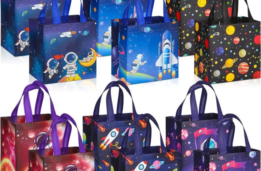 Ten reusable tote bags with space-themed designs, including astronauts, rockets, planets, and stars, displayed in two rows.