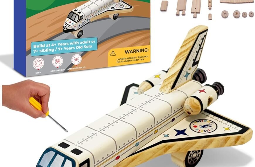 DIY wooden space shuttle kit includes a model space shuttle, assembly parts, mini tools, and illustrated packaging showing a completed shuttle. Suitable for children aged 4 and up.