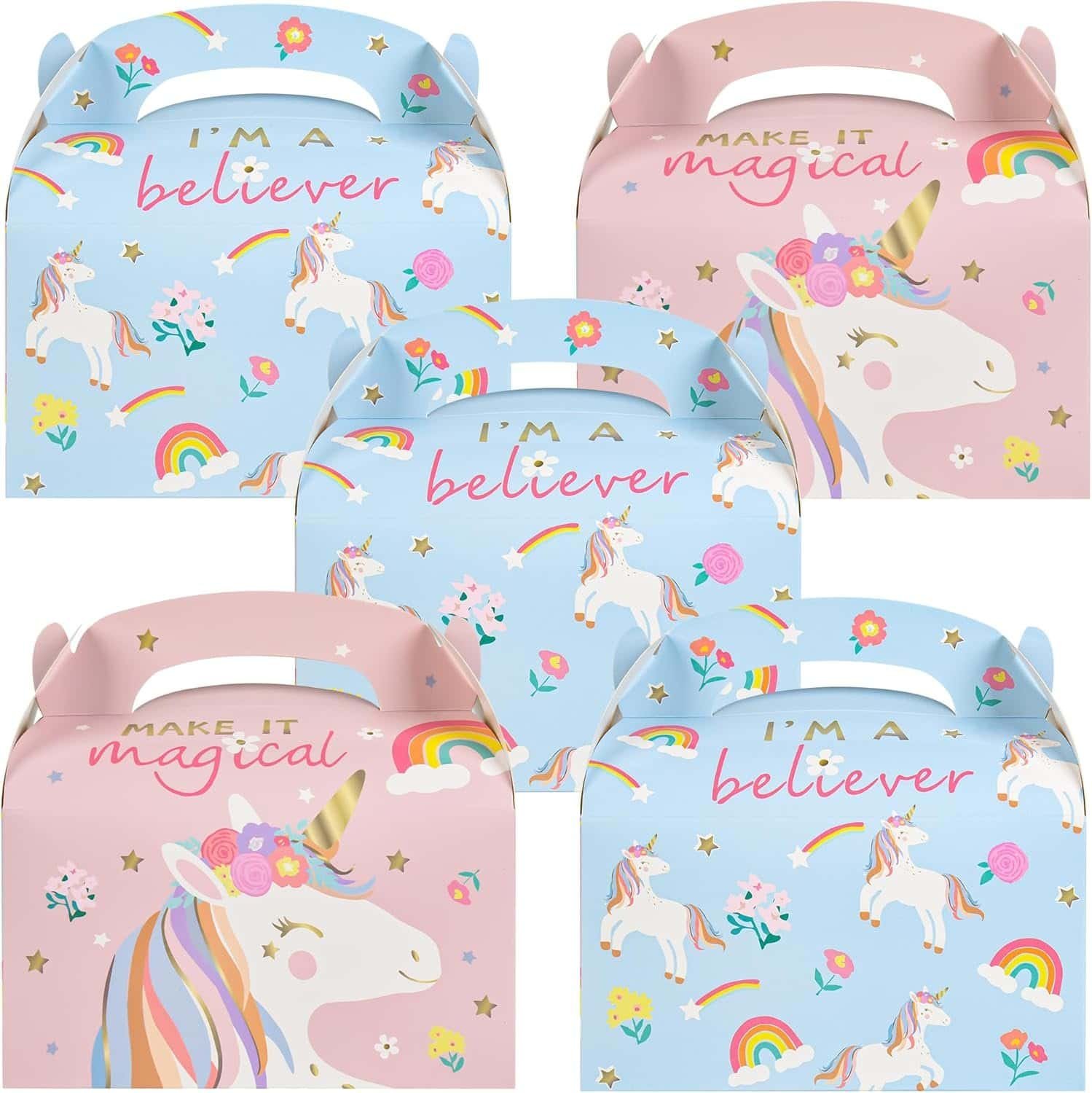 Five pastel-colored unicorn-themed party favor boxes, featuring rainbows, stars, and the phrases "I'm a believer" and "Make it magical" on blue and pink backgrounds.