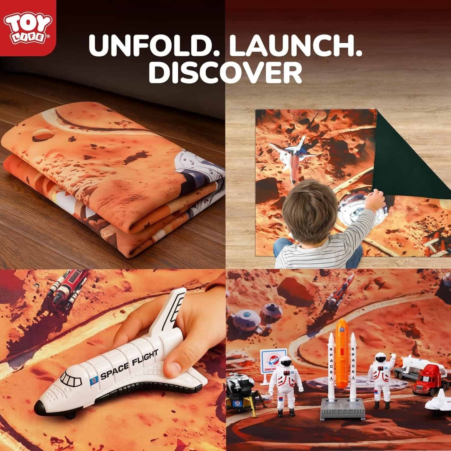 A child sits on a Mars-themed playmat with toy rockets and astronauts; unfolded mat, spaceship toy, and set of space toys are also shown. Text reads: "UNFOLD. LAUNCH. DISCOVER.