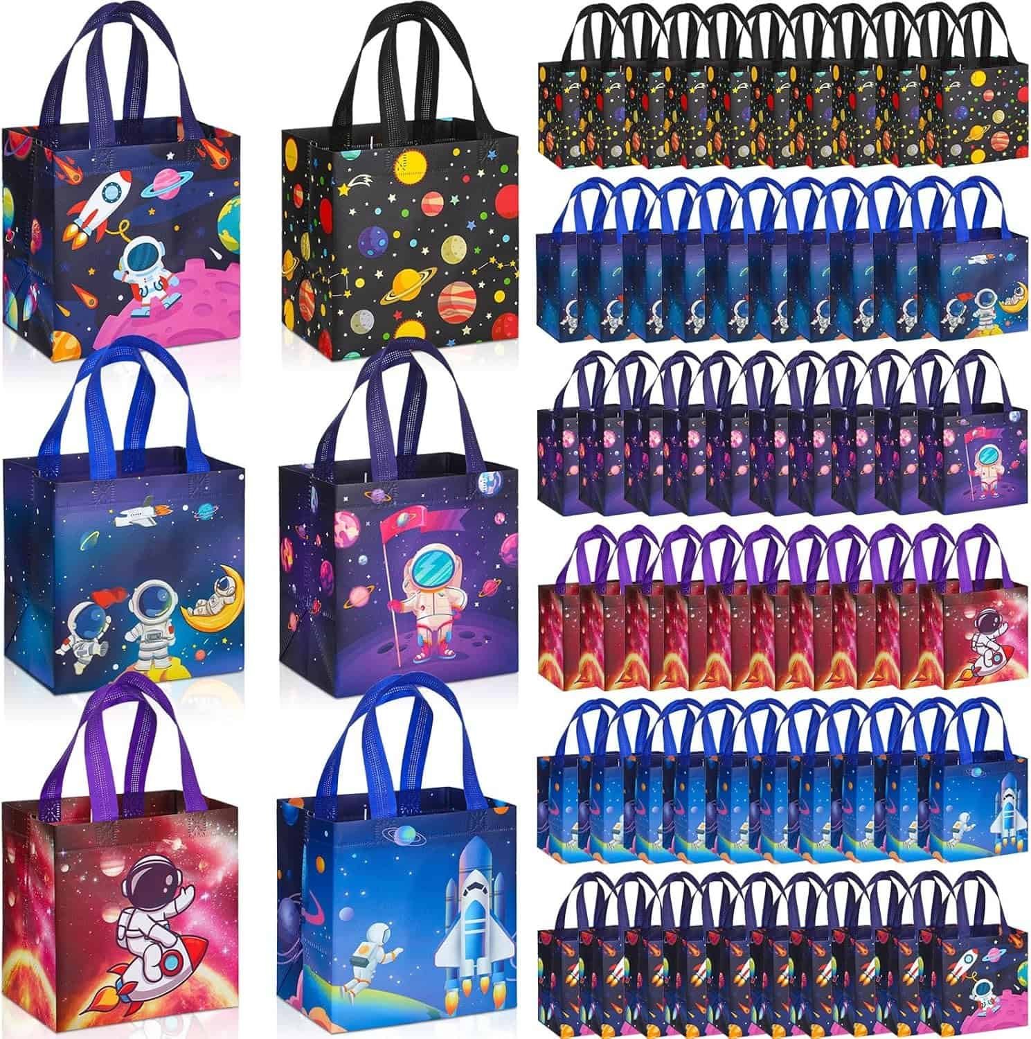 A collection of reusable tote bags with space-themed designs, including astronauts, planets, rockets, and stars, arranged in rows.
