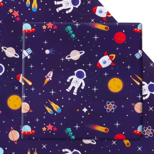 The AircooL Birthday Wrapping Paper features a cartoon space pattern with astronauts, rockets, and planets on dark blue. Includes 6 sheets of Outer Space Design Wrapping Papers, each folded flat at 20x28 inches—great for all ages.
