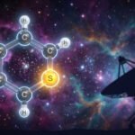 A diagram of a thiophene molecule is superimposed on a starry background next to the silhouette of a large radio telescope dish, highlighting the molecule's cosmic significance.
