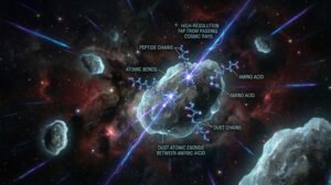 Illustration of cosmic dust in space with labeled peptide chains, amino acids, atomic bonds, and cosmic rays, depicting how peptides form in space through molecular interactions on dust particles.