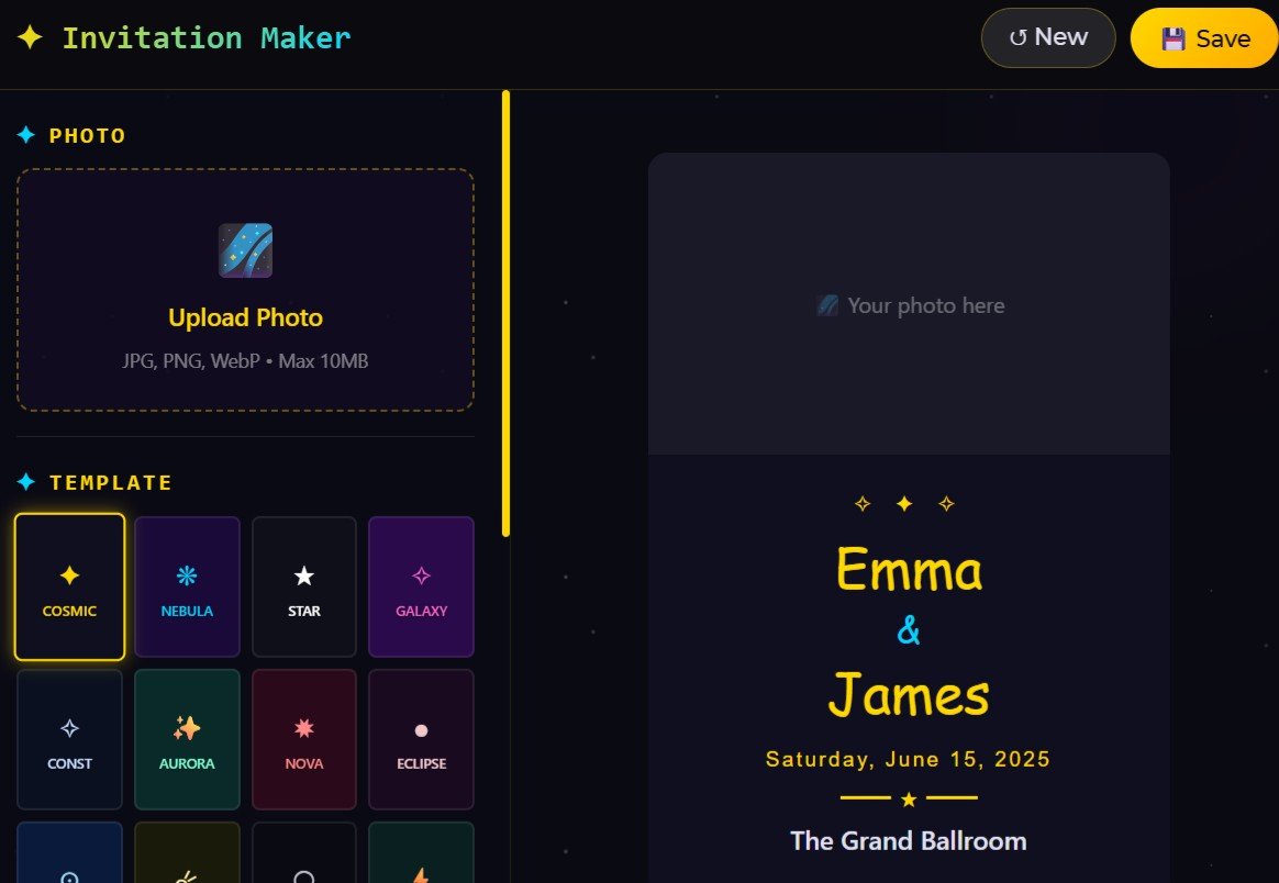 Screenshot of a free invitation maker tool with options to upload a photo, choose a template, and a sample invitation for Emma & James on June 15, 2025.