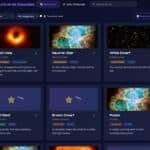 A digital interface displays different types of stars and cosmic objects with images and brief descriptions, serving as a free space glossary for universe terms like Black Hole, Neutron Star, White Dwarf, Red Giant, Brown Dwarf, and Pulsar.