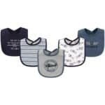 Hudson Baby Unisex Baby Cotton Bibs, Aviation, One Size—set of 5 with aviation designs like airplanes and stripes plus phrases such as "The sky is the limit" and "Co-Pilot" in blue and gray tones.