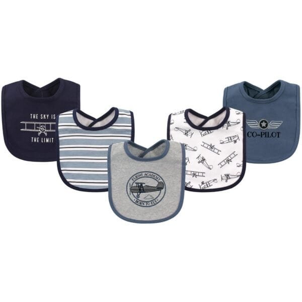 Hudson Baby Unisex Baby Cotton Bibs, Aviation, One Size—set of 5 with aviation designs like airplanes and stripes plus phrases such as "The sky is the limit" and "Co-Pilot" in blue and gray tones.