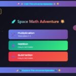 A space-themed Math Games for Kids menu with options for Multiplication, Addition, and Subtraction, each labeled with difficulty modes, set against a dark starry background.
