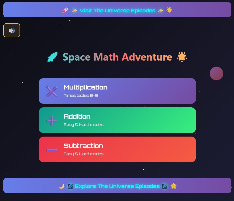 A space-themed Math Games for Kids menu with options for Multiplication, Addition, and Subtraction, each labeled with difficulty modes, set against a dark starry background.