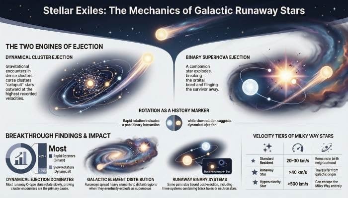 Infographic explains how runaway stars are ejected from the Milky Way through cluster encounters or supernovae, summarizing key findings on their speed, distribution, and overall impact on our galaxy.