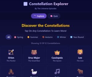 A digital interface titled "Constellation Explorer" displays constellation options like Orion, Ursa Major, Cassiopeia, and Leo, with seasonal filters for Spring, Summer, Autumn, and Winter to help you discover each constellation by season.
