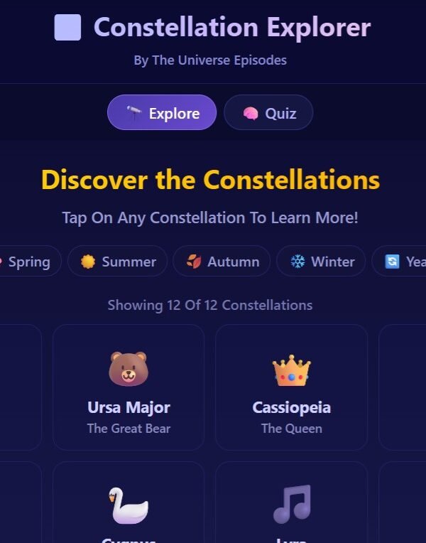 A digital interface titled "Constellation Explorer" displays constellation options like Orion, Ursa Major, Cassiopeia, and Leo, with seasonal filters for Spring, Summer, Autumn, and Winter to help you discover each constellation by season.