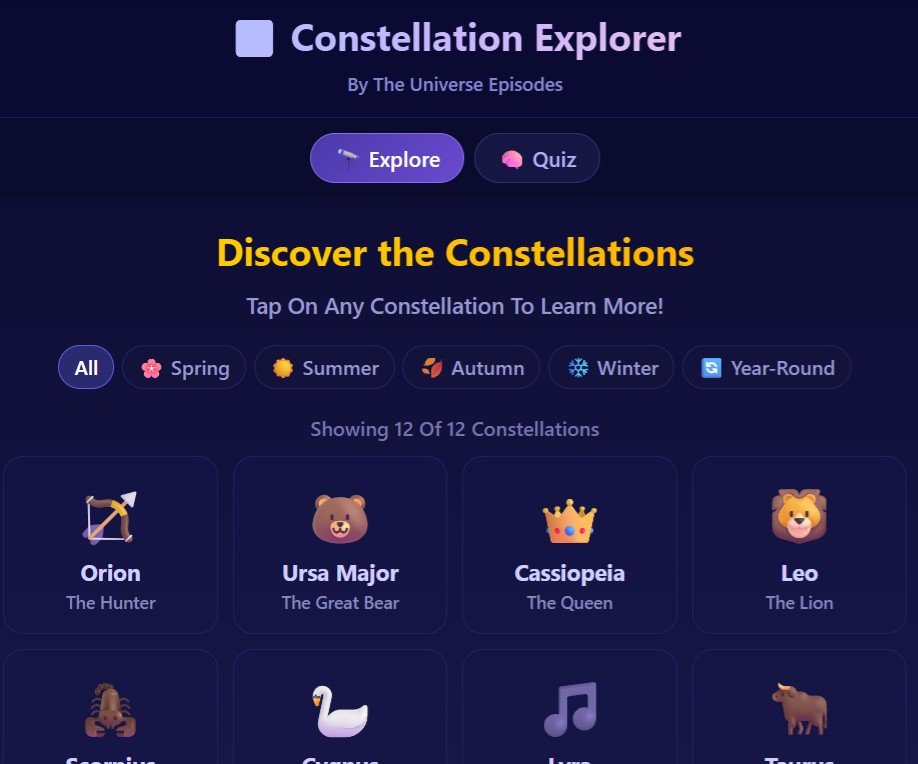 A digital interface titled "Constellation Explorer" displays constellation options like Orion, Ursa Major, Cassiopeia, and Leo, with seasonal filters for Spring, Summer, Autumn, and Winter to help you discover each constellation by season.