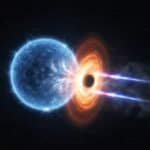 A blue star is being pulled toward a black hole in the Milky Way, with streams of energy and bright light emitted from the black hole’s accretion disk.