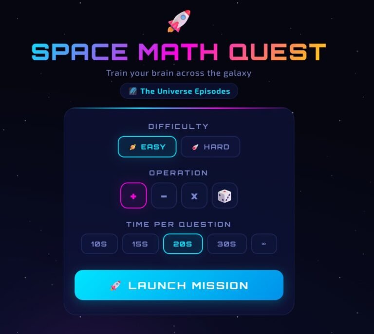 A game interface for "Space Math Quest" designed as one of the best Math Games for Kids, showing options to select difficulty, operation type, time per question, and a "Launch Mission" button.
