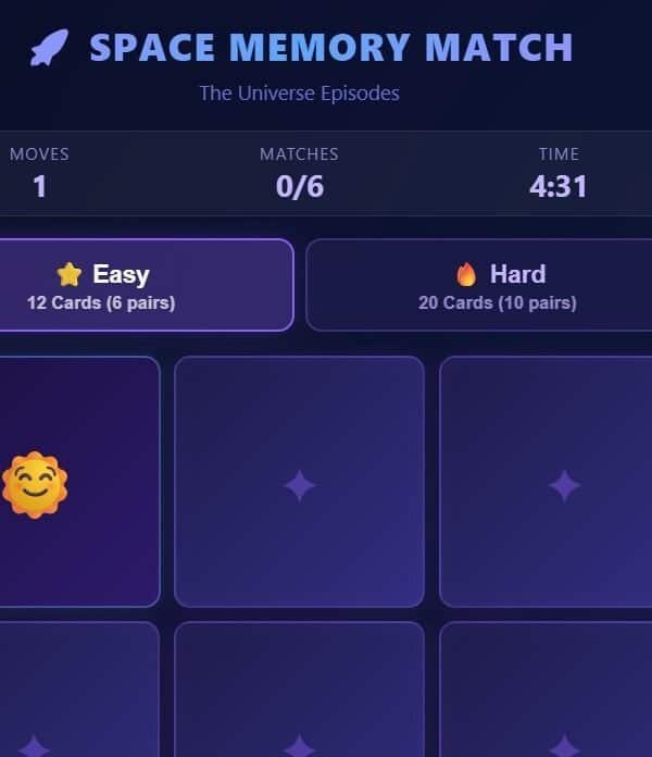 The Space Memory Match Game screen displays one move made, zero matches, and a timer at 4:31. Choose your challenge: Easy (12 cards) or Hard (20 cards), with all cards face down in this Free Memory Game adventure.