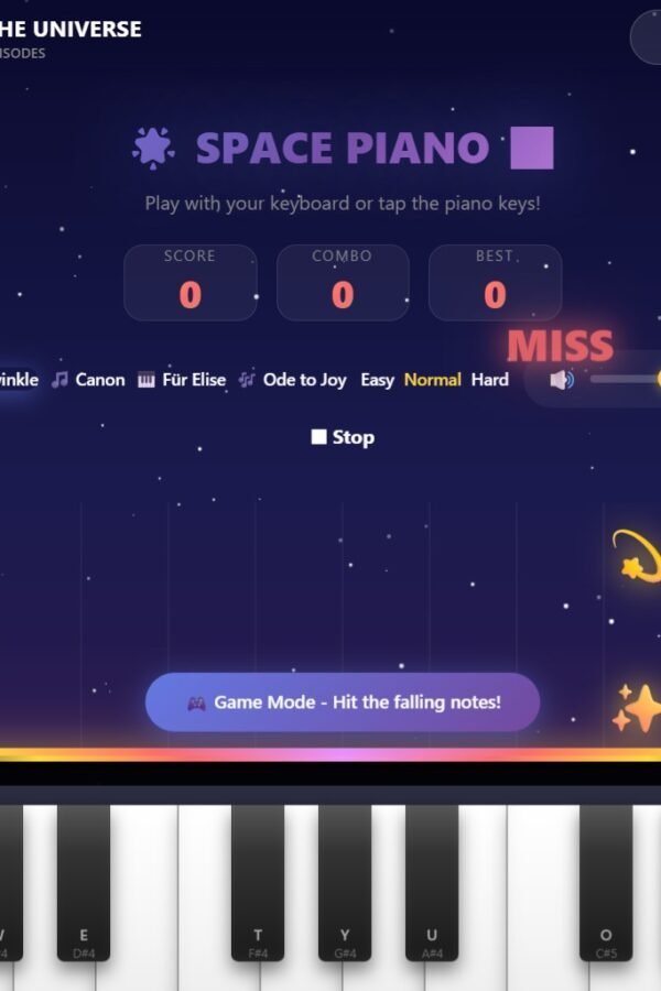A Space Piano Game interface displaying score, combo, and best score as zero, with "MISS" shown and piano keys labeled with letters below in a falling notes game mode.