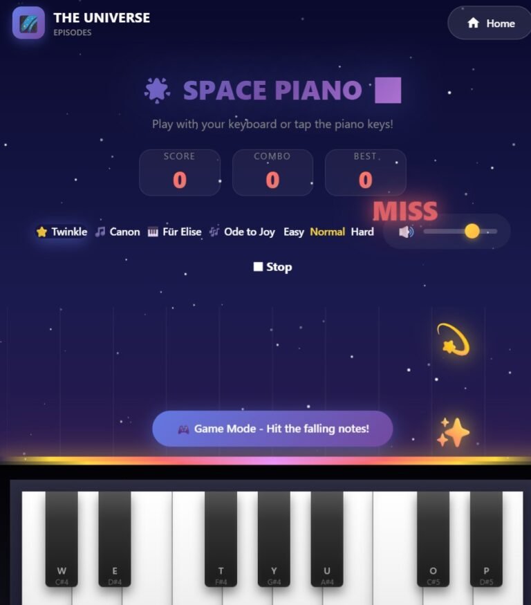 A Space Piano Game interface displaying score, combo, and best score as zero, with "MISS" shown and piano keys labeled with letters below in a falling notes game mode.