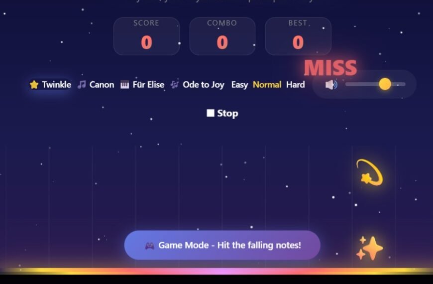 A Space Piano Game interface displaying score, combo, and best score as zero, with "MISS" shown and piano keys labeled with letters below in a falling notes game mode.