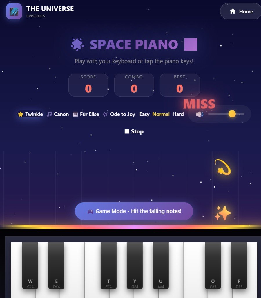 A Space Piano Game interface displaying score, combo, and best score as zero, with "MISS" shown and piano keys labeled with letters below in a falling notes game mode.