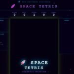 Screenshot of a "Space Tetris" game menu with score, best, level, lines, and combo counters at the top, and game controls listed on the left.