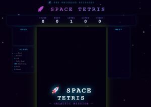 Screenshot of a "Space Tetris" game menu with score, best, level, lines, and combo counters at the top, and game controls listed on the left.
