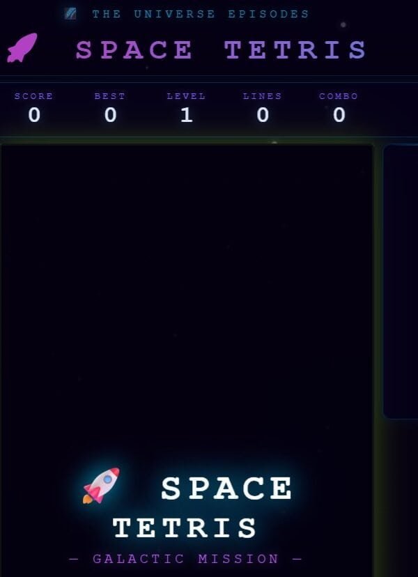 Screenshot of a "Space Tetris" game menu with score, best, level, lines, and combo counters at the top, and game controls listed on the left.
