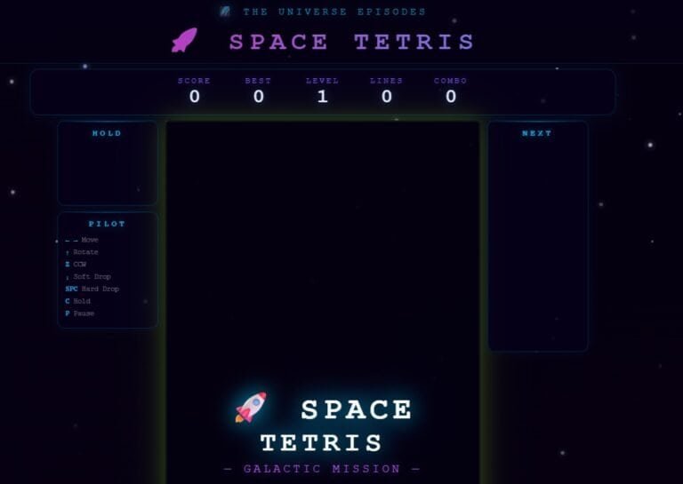 Screenshot of a "Space Tetris" game menu with score, best, level, lines, and combo counters at the top, and game controls listed on the left.