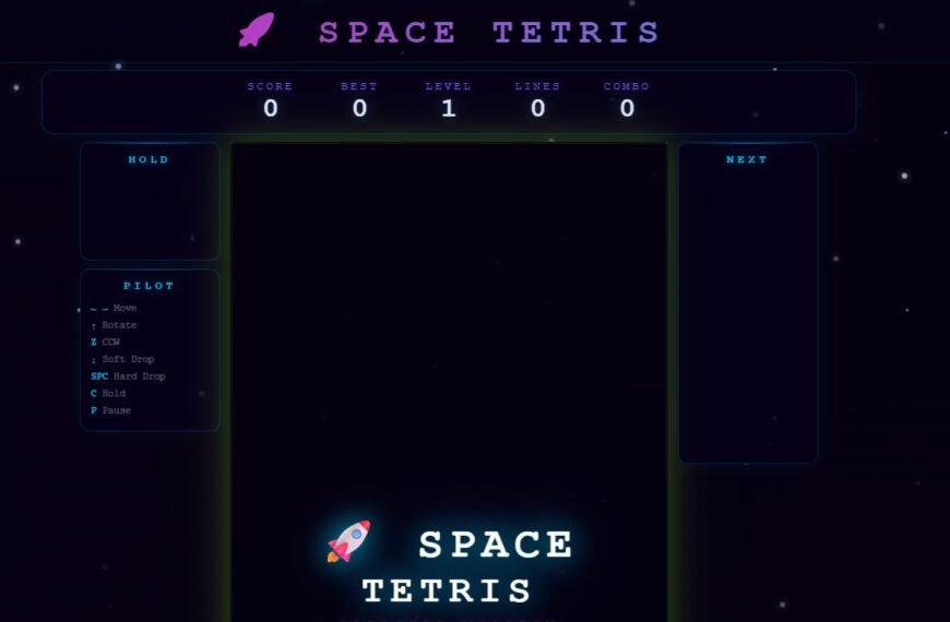 Screenshot of a "Space Tetris" game menu with score, best, level, lines, and combo counters at the top, and game controls listed on the left.