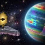 Illustration of the James Webb Space Telescope in space, with a distant planet displaying spectrograph data for water and carbon dioxide in its atmosphere.