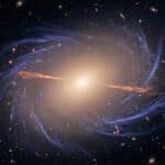 A bright galaxy at the center emits light, with spiral arms and numerous smaller galaxies, red geyser galaxies, and stars scattered throughout the dark space background.